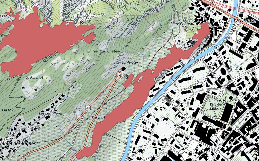 Landeskarte swisstopo mit dem Schutzperimeter von La Bâtiaz (Trockenwiese)