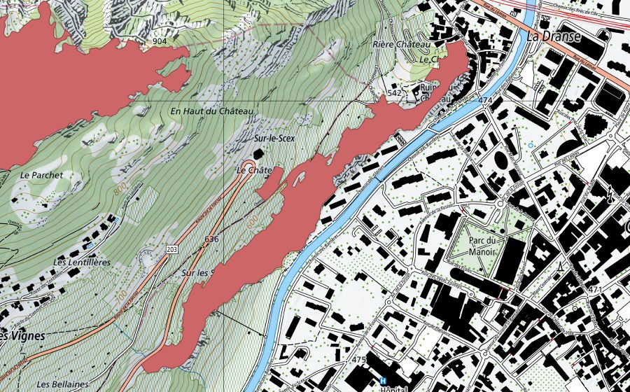 Carte nationale swisstopo avec le périmètre protégé de La Bâtiaz (Prairie sèche)