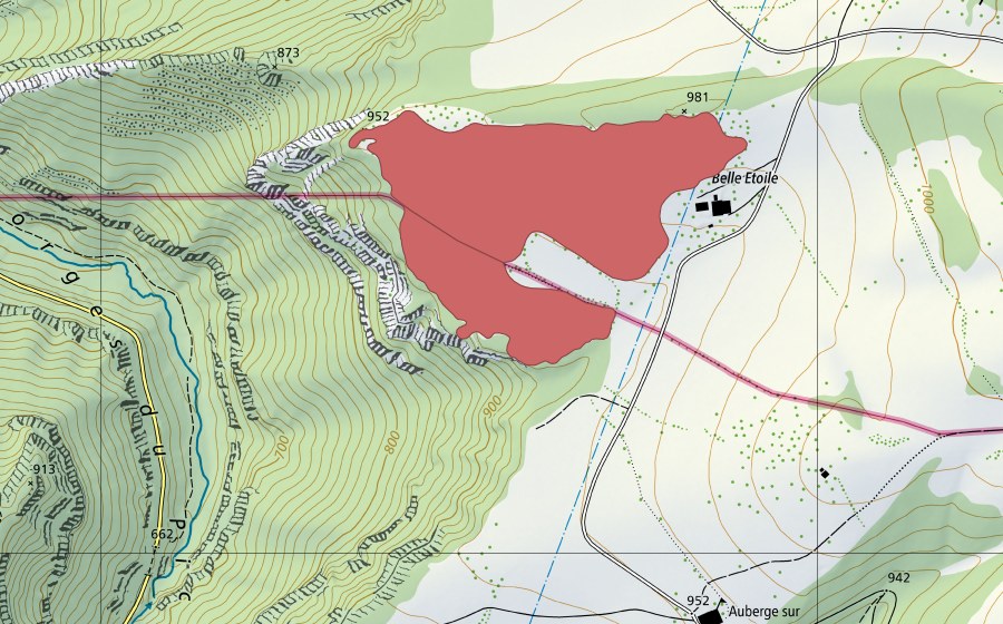 Carte nationale swisstopo avec le périmètre protégé de La Belle Etoile (Prairie sèche)
