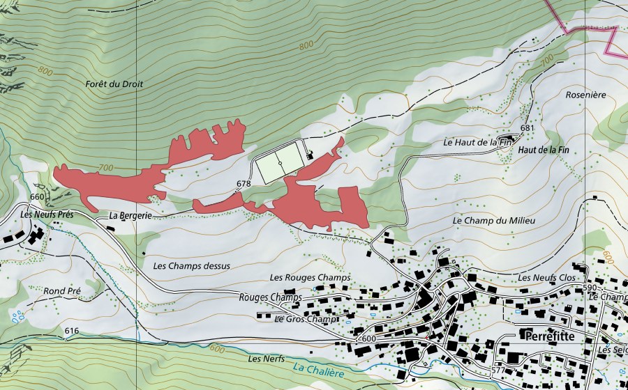 Landeskarte swisstopo mit dem Schutzperimeter von La Bergerie (Trockenwiese)