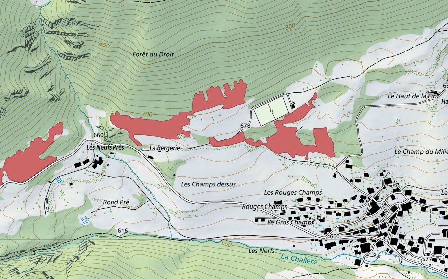 Carte nationale swisstopo avec le périmètre protégé de La Bergerie (Prairie sèche)