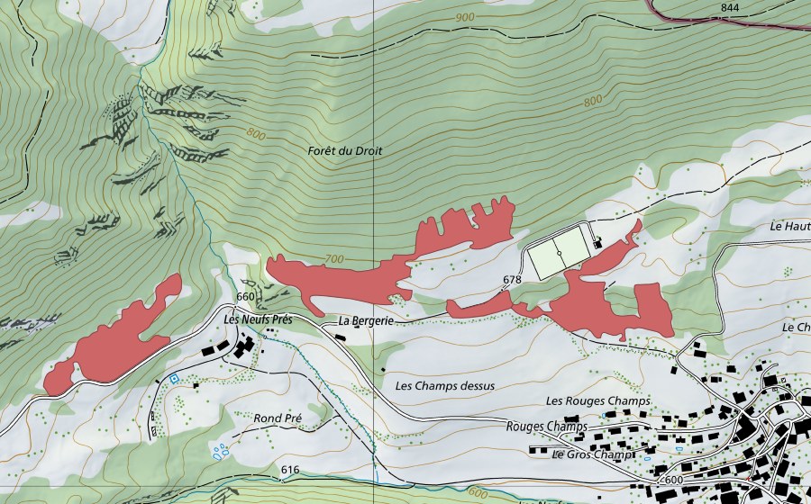 Carte nationale swisstopo avec le périmètre protégé de La Bergerie (Prairie sèche)
