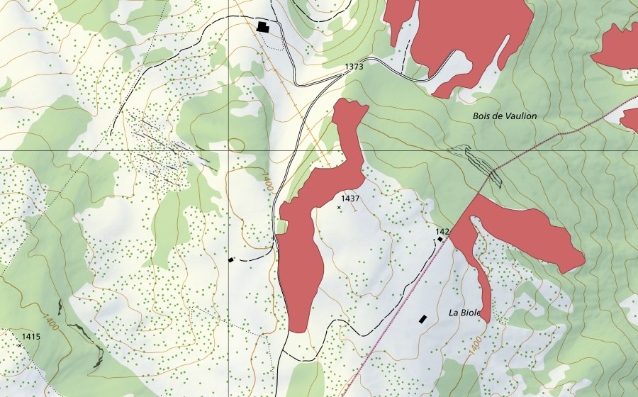 Landeskarte swisstopo mit dem Schutzperimeter von La Biole (Trockenwiese)
