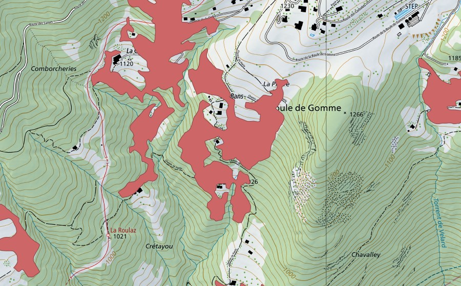 Carte nationale swisstopo avec le périmètre protégé de La Boule de Gomme (Prairie sèche)