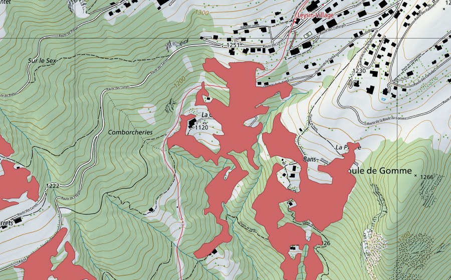swisstopo national map showing the protected perimeter of La Boule de Gomme (Dry meadow)