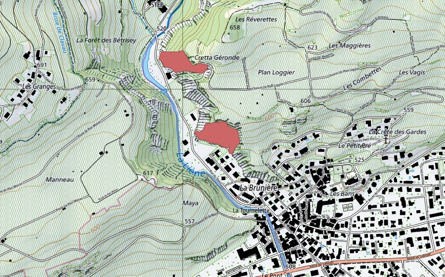 Carte nationale swisstopo avec le périmètre protégé de La Brunière (Prairie sèche)