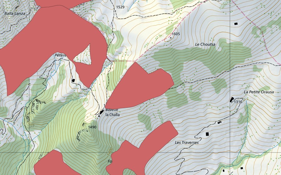 Landeskarte swisstopo mit dem Schutzperimeter von La Challa (Trockenwiese)