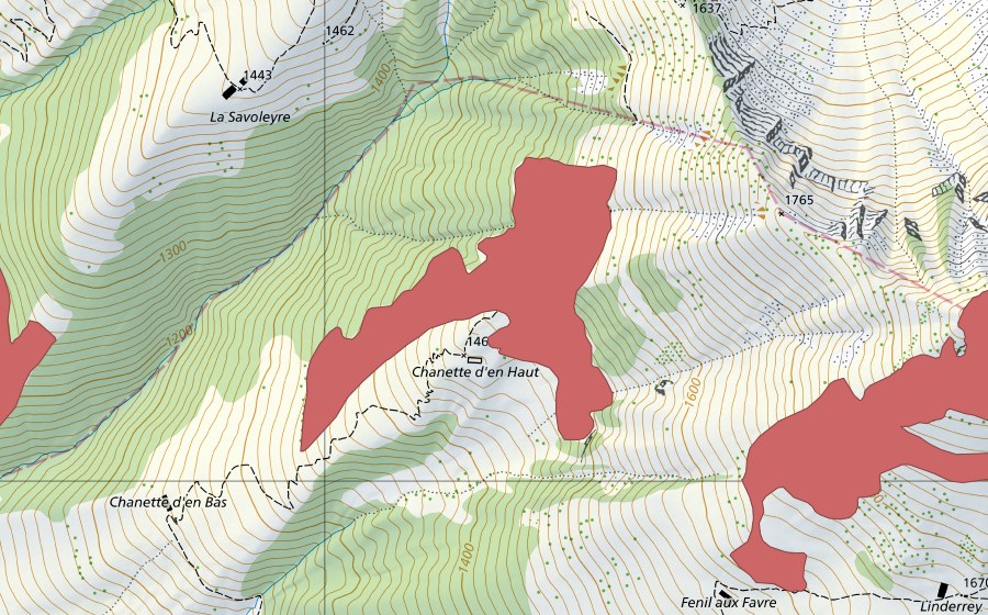 swisstopo national map showing the protected perimeter of La Chanette d'en Haut (Dry meadow)