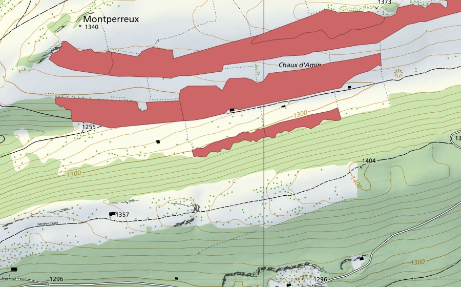 Carte nationale swisstopo avec le périmètre protégé de La Chaux d'Amin (Prairie sèche)