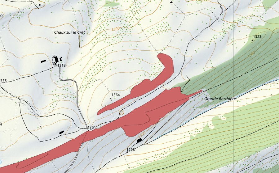 Landeskarte swisstopo mit dem Schutzperimeter von La Chaux d'Amin (Trockenwiese)