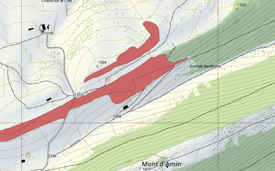Landeskarte swisstopo mit dem Schutzperimeter von La Chaux d'Amin (Trockenwiese)