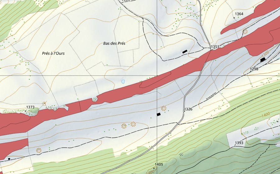 Carte nationale swisstopo avec le périmètre protégé de La Chaux d'Amin (Prairie sèche)