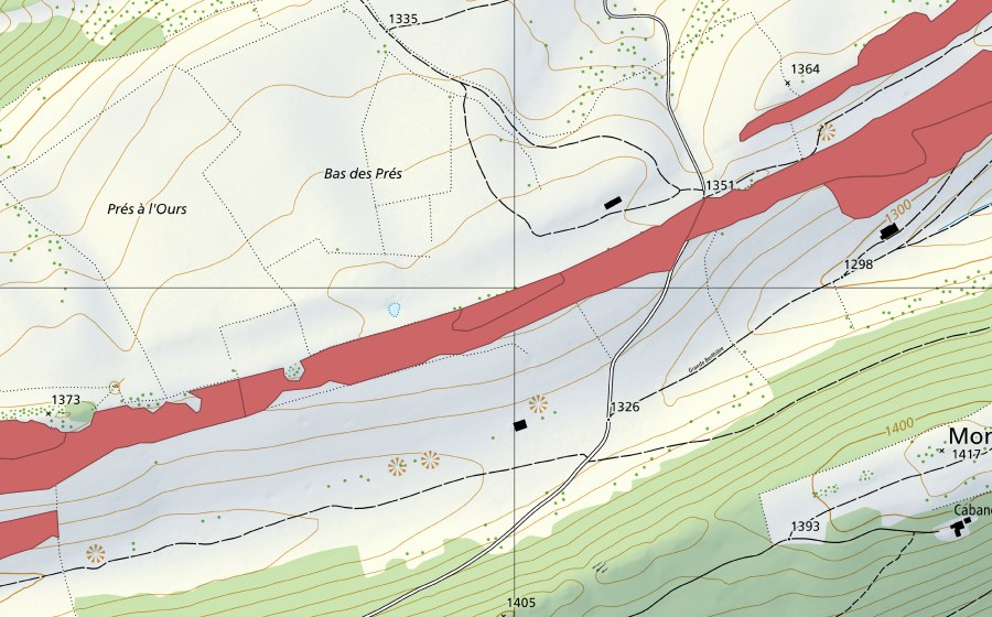 Carte nationale swisstopo avec le périmètre protégé de La Chaux d'Amin (Prairie sèche)