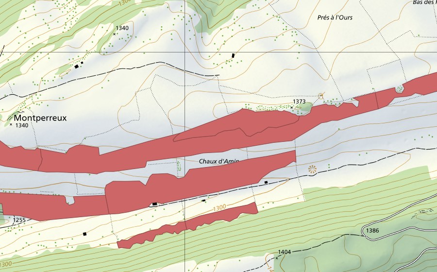 swisstopo national map showing the protected perimeter of La Chaux d'Amin (Dry meadow)