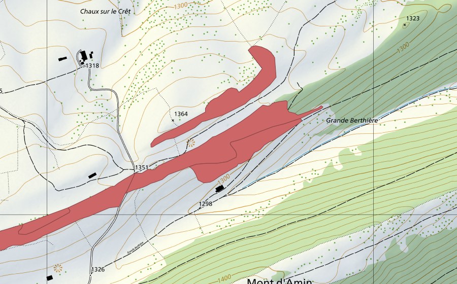 swisstopo national map showing the protected perimeter of La Chaux d'Amin (Dry meadow)