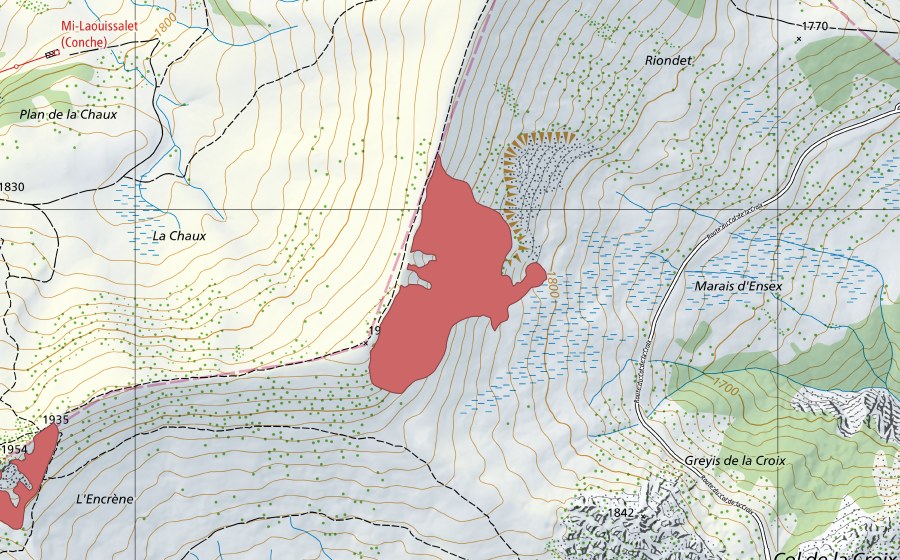 Landeskarte swisstopo mit dem Schutzperimeter von La Chaux (Trockenwiese)