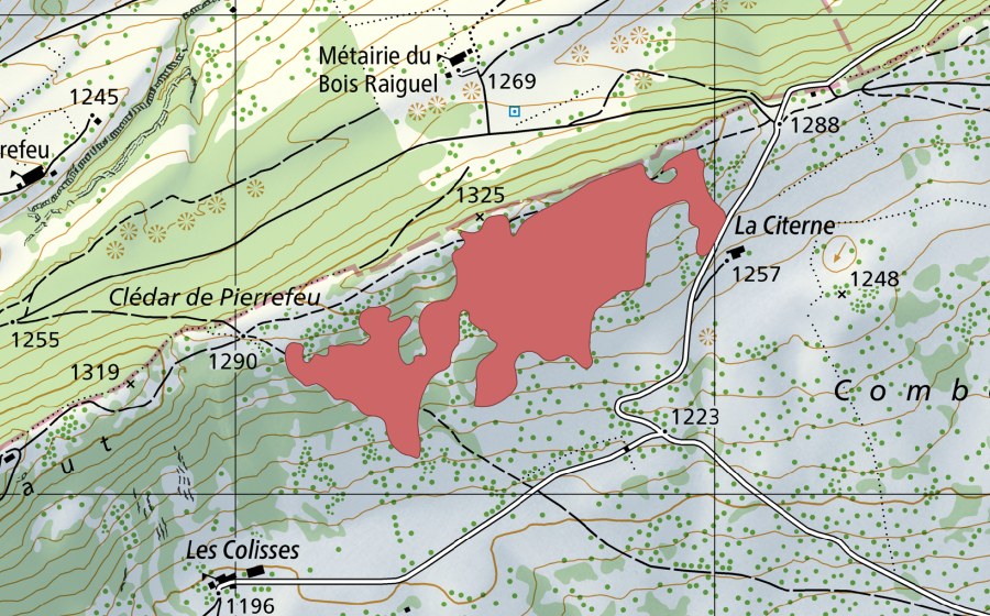 Carte nationale swisstopo avec le périmètre protégé de La Citerne (Prairie sèche)