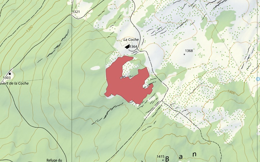 Landeskarte swisstopo mit dem Schutzperimeter von La Coche (Trockenwiese)
