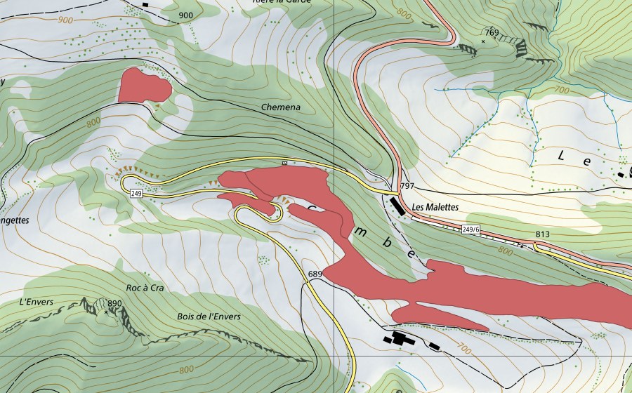 Carte nationale swisstopo avec le périmètre protégé de La Combe (Prairie sèche)