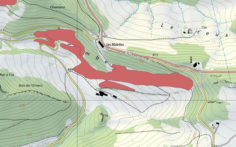 swisstopo national map showing the protected perimeter of La Combe (Dry meadow)