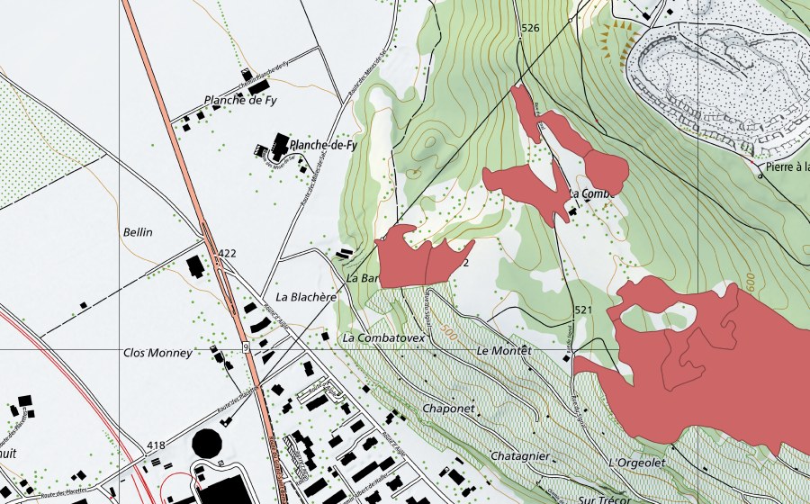 Carte nationale swisstopo avec le périmètre protégé de La Combe (Prairie sèche)
