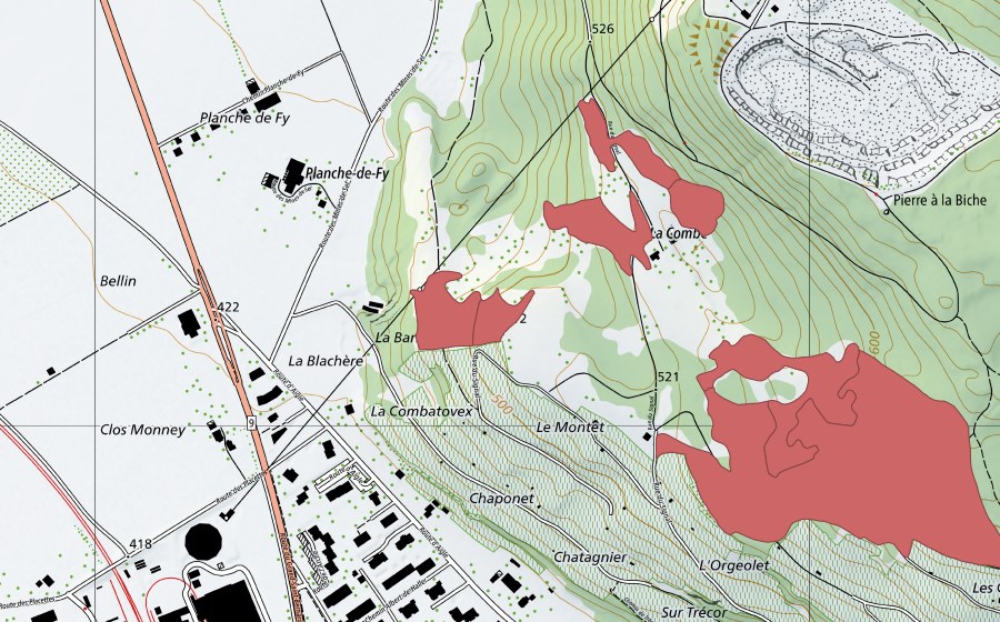 Carte nationale swisstopo avec le périmètre protégé de La Combe (Prairie sèche)