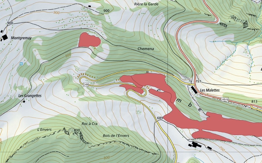 Carte nationale swisstopo avec le périmètre protégé de La Combe (Prairie sèche)