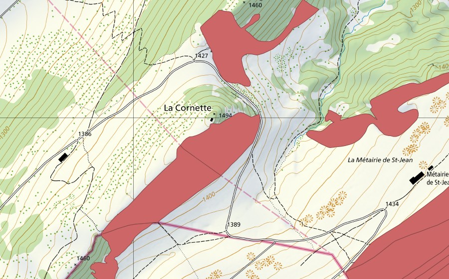 Carte nationale swisstopo avec le périmètre protégé de La Cornette (Prairie sèche)