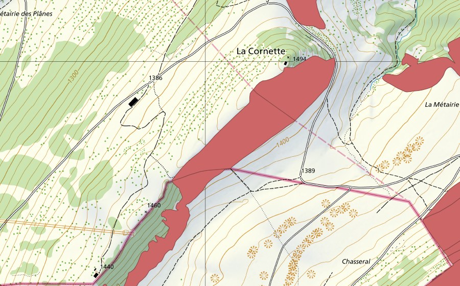 Carte nationale swisstopo avec le périmètre protégé de La Cornette (Prairie sèche)