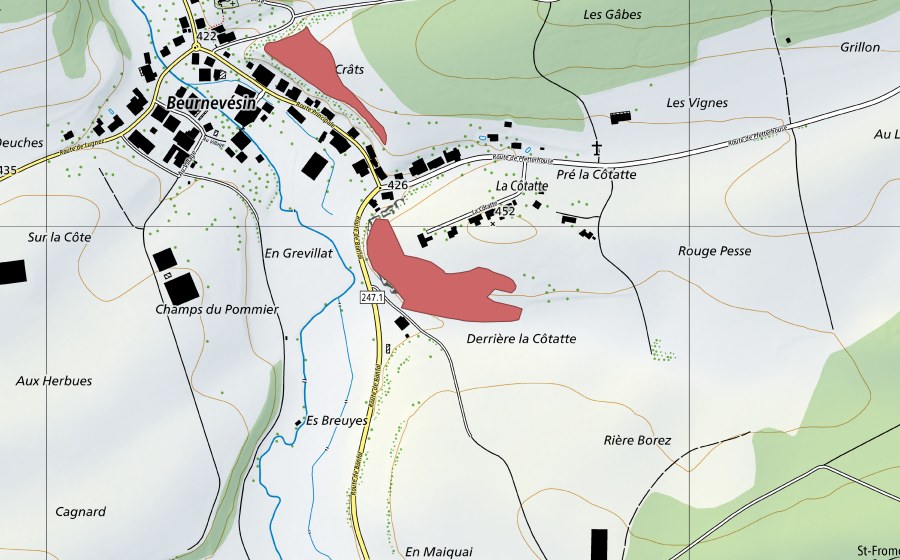 swisstopo national map showing the protected perimeter of La Côtatte (Dry meadow)