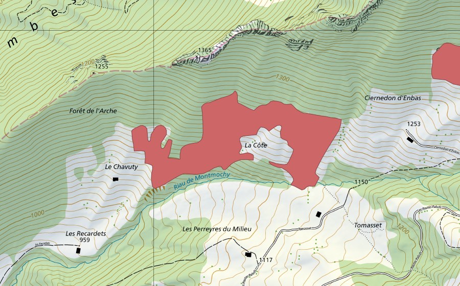 swisstopo national map showing the protected perimeter of La Côte (Dry meadow)