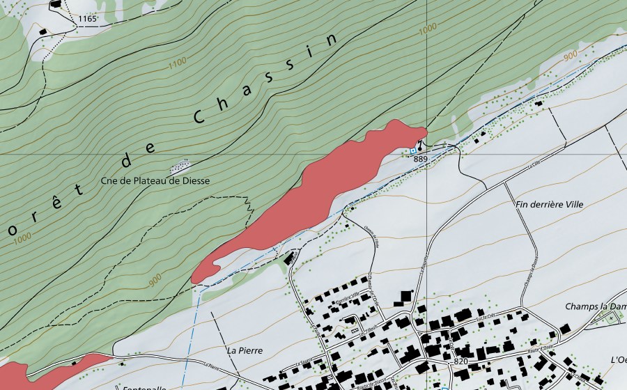 Carte nationale swisstopo avec le périmètre protégé de La Côte (Prairie sèche)