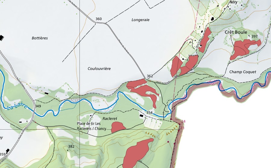 swisstopo national map showing the protected perimeter of La Coulouvrière (Dry meadow)
