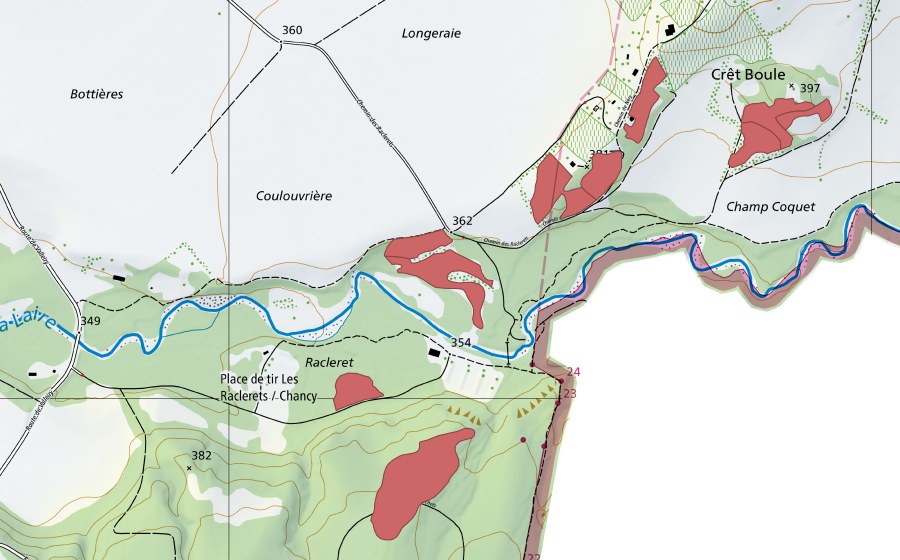 swisstopo national map showing the protected perimeter of La Coulouvrière (Dry meadow)