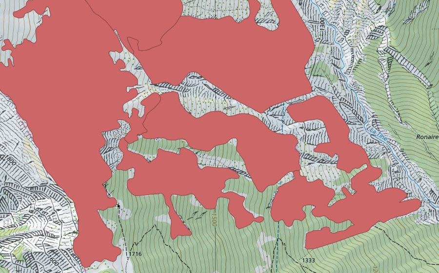 Carte nationale swisstopo avec le périmètre protégé de La Couronne (Prairie sèche)