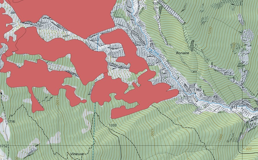 Landeskarte swisstopo mit dem Schutzperimeter von La Couronne (Trockenwiese)