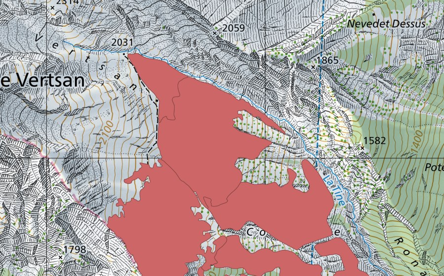swisstopo national map showing the protected perimeter of La Couronne (Dry meadow)
