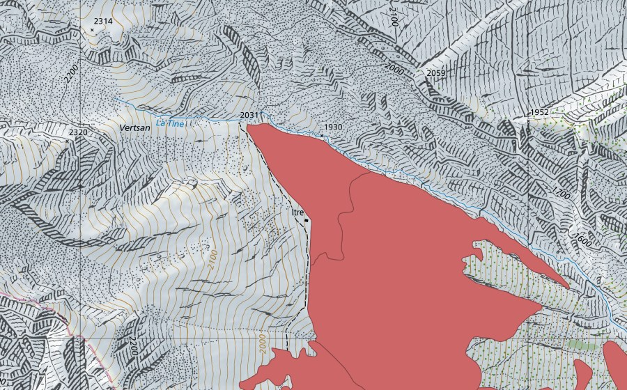 swisstopo national map showing the protected perimeter of La Couronne (Dry meadow)