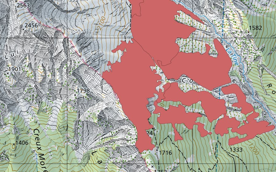 swisstopo national map showing the protected perimeter of La Couronne (Dry meadow)