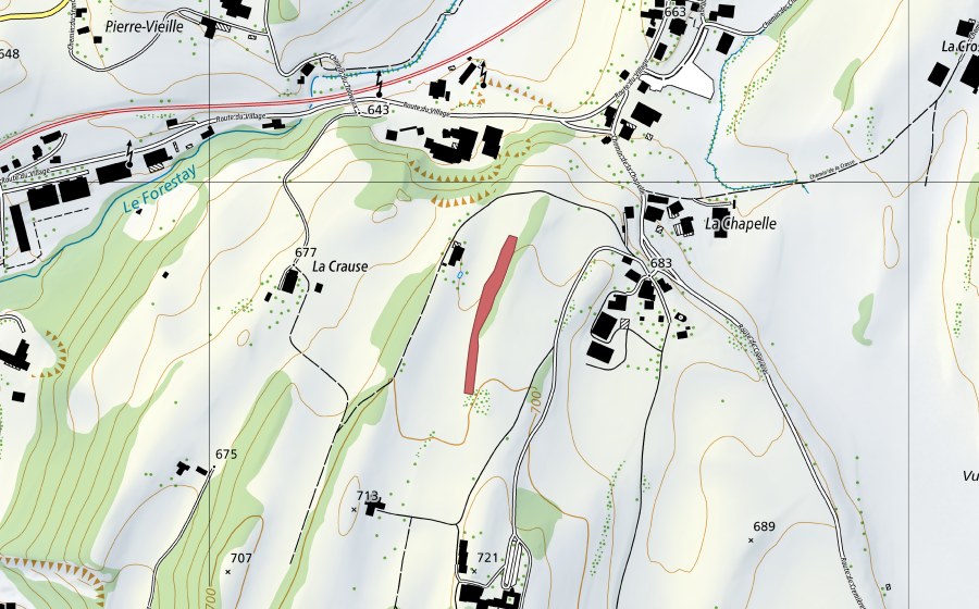 swisstopo national map showing the protected perimeter of La Crause (Dry meadow)