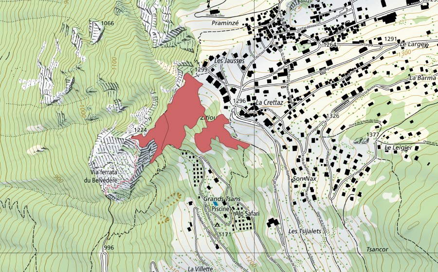 Carte nationale swisstopo avec le périmètre protégé de La Crêta (Prairie sèche)