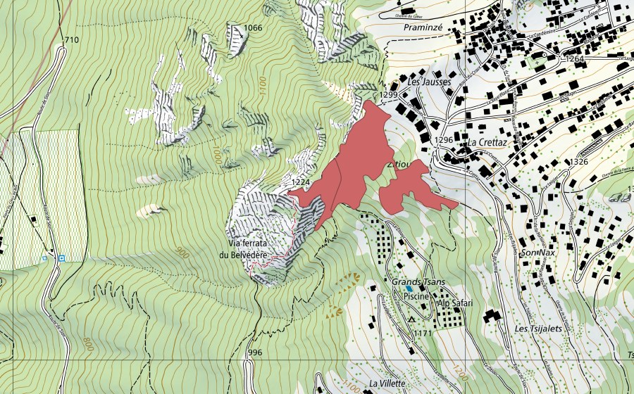 swisstopo national map showing the protected perimeter of La Crêta (Dry meadow)