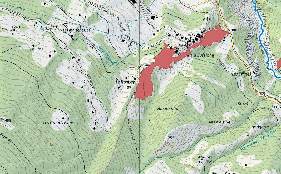 swisstopo national map showing the protected perimeter of La Crêta (Dry meadow)