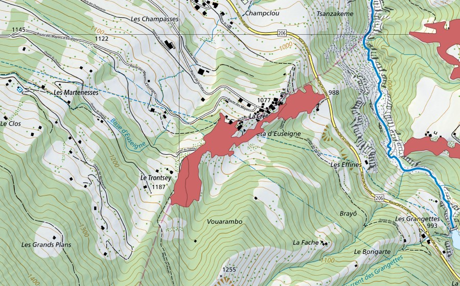 Carte nationale swisstopo avec le périmètre protégé de La Crêta (Prairie sèche)