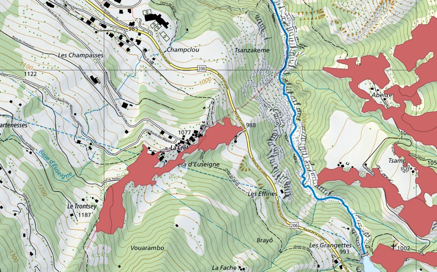Landeskarte swisstopo mit dem Schutzperimeter von La Crêta (Trockenwiese)