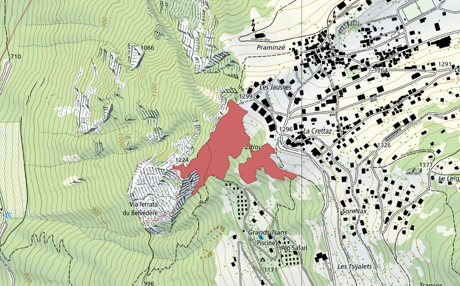 Carte nationale swisstopo avec le périmètre protégé de La Crêta (Prairie sèche)
