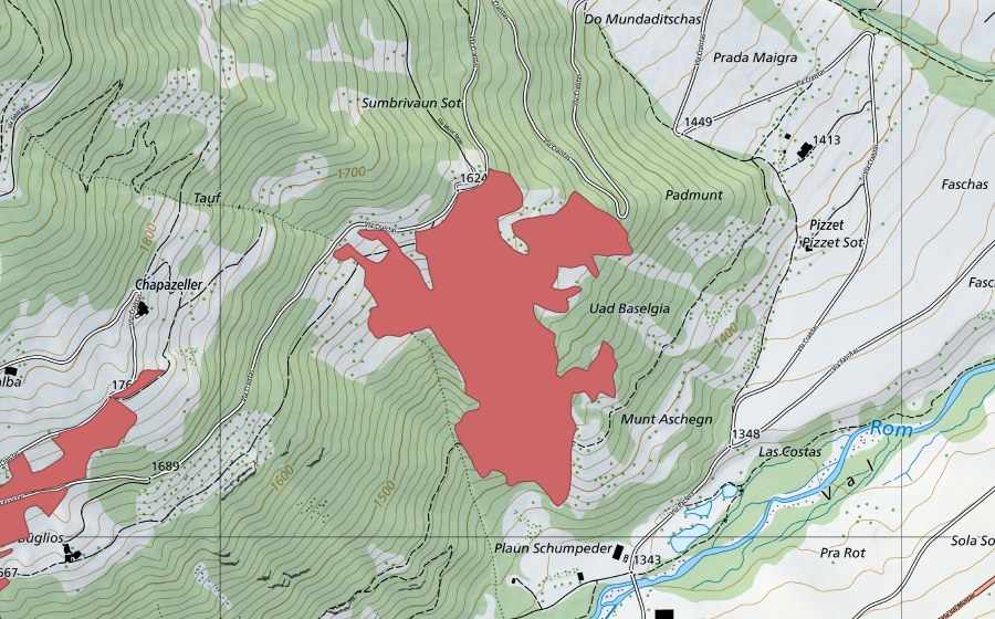 Carte nationale swisstopo avec le périmètre protégé de La Crusch (Prairie sèche)