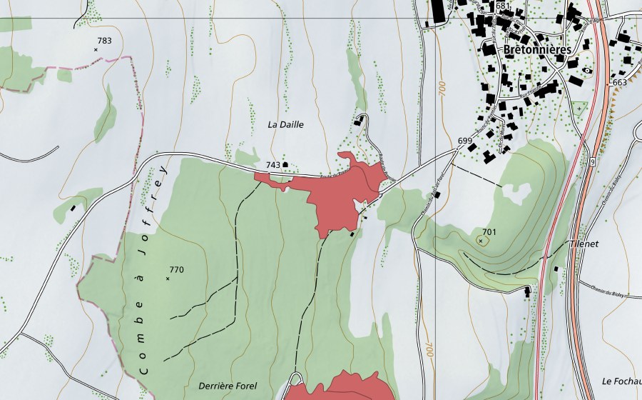 Carte nationale swisstopo avec le périmètre protégé de La Daille (Prairie sèche)