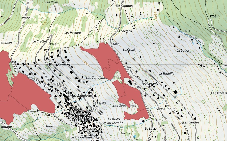 Carte nationale swisstopo avec le périmètre protégé de La Daille (Prairie sèche)