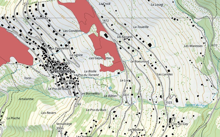 Carte nationale swisstopo avec le périmètre protégé de La Daille (Prairie sèche)